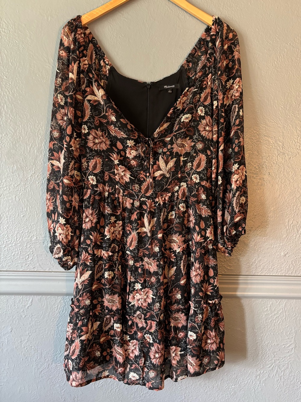 Madewell Dark Floral Tiered Mini Dress Whimsy Goth Black Size 4
